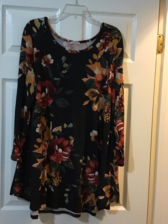 JODIFL Dresses & Skirts - JODIFL Black Floral Long Sleeve Swing Dress with Burgundy and Mustard Flowers